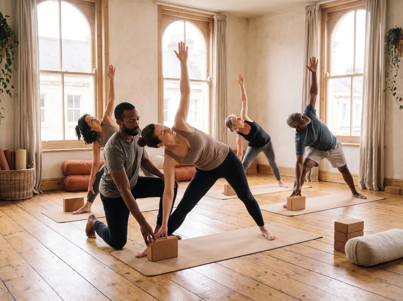A teacher kneels to place a cork block under a beginner’s hand in triangle pose while others in the class try the same pose behind.