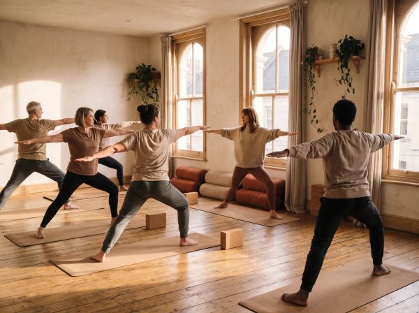 A small morning class holding warrior two on their mats in low golden sunlight, with the teacher standing by the window.