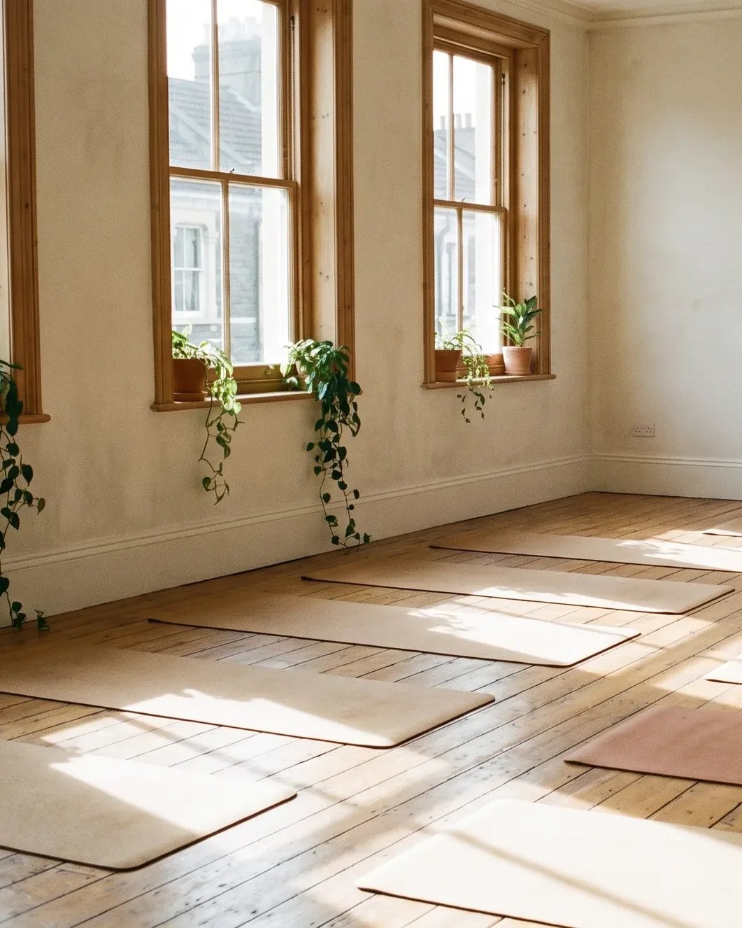 An empty yoga studio in the morning, with sunlight from tall sash windows falling across wooden floorboards and rows of mats.