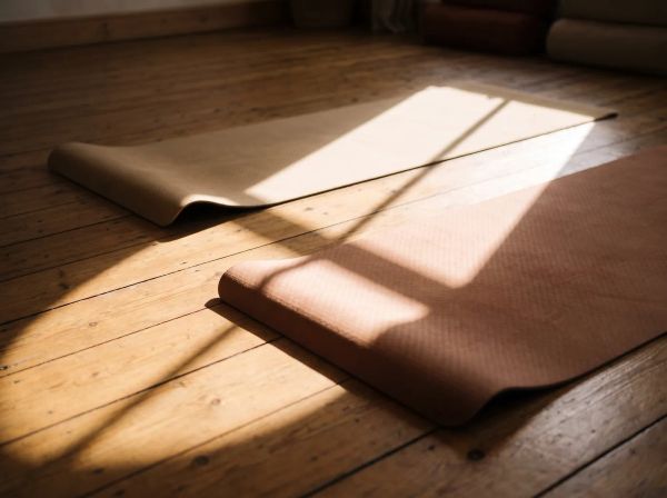Two yoga mats on wooden floorboards, with a slanting patch of sunlight and the shadow of the window bars across them.