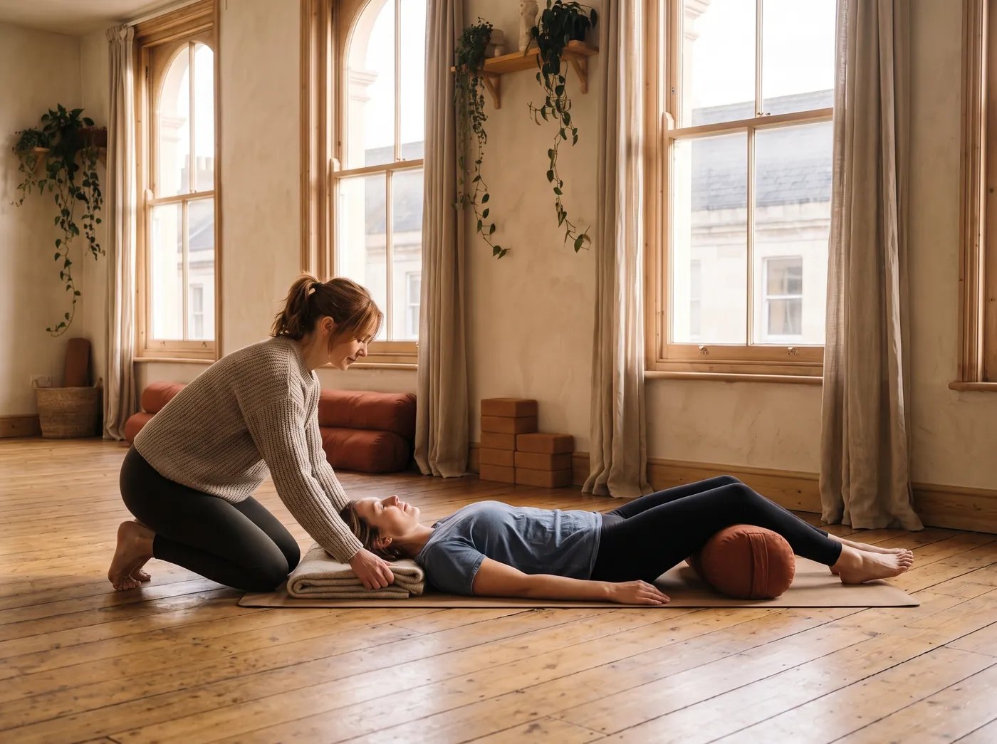 Ava kneels beside a student lying on a mat with a bolster under her knees and adjusts the blanket under her head.