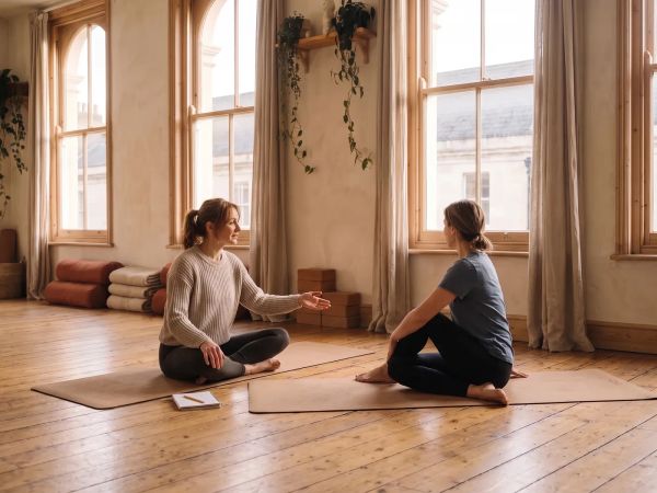 A teacher sits on a mat talking a student through a seated twist, with a notebook and pencil on the floor between them.