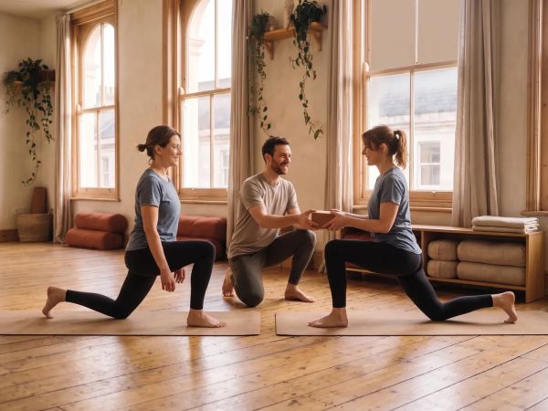 Two friends hold a low lunge side by side while their teacher kneels between them and hands one a cork block.