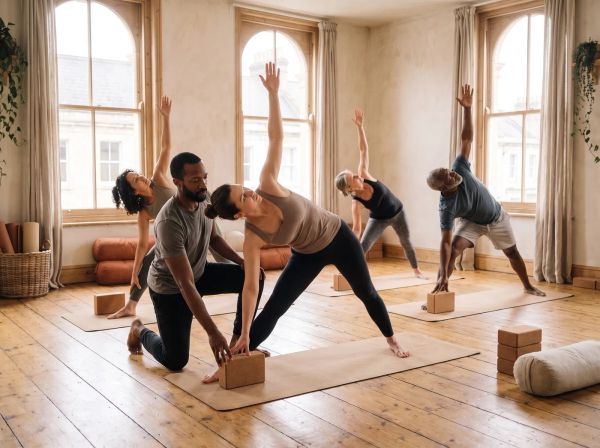 A teacher kneels to place a cork block under a beginner’s hand in triangle pose while others in the class try the same pose behind.