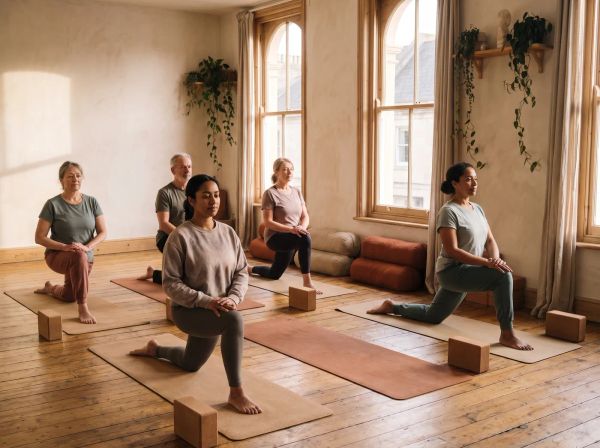 Five people of different ages hold a low lunge on their mats, with cork blocks beside them, in soft evening light.