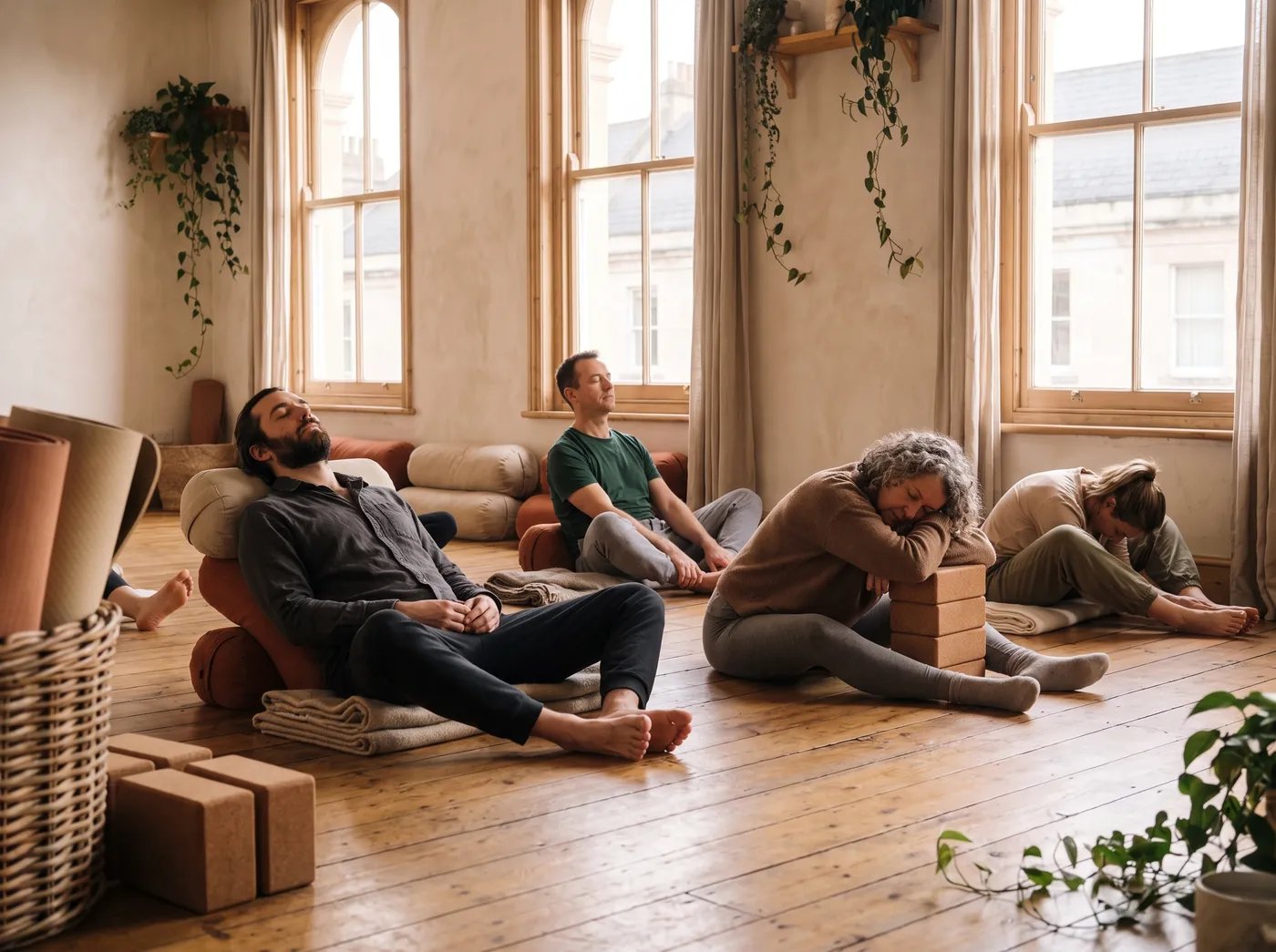 People resting in long seated yin poses, leaning on bolsters, blocks and folded blankets with their eyes closed.