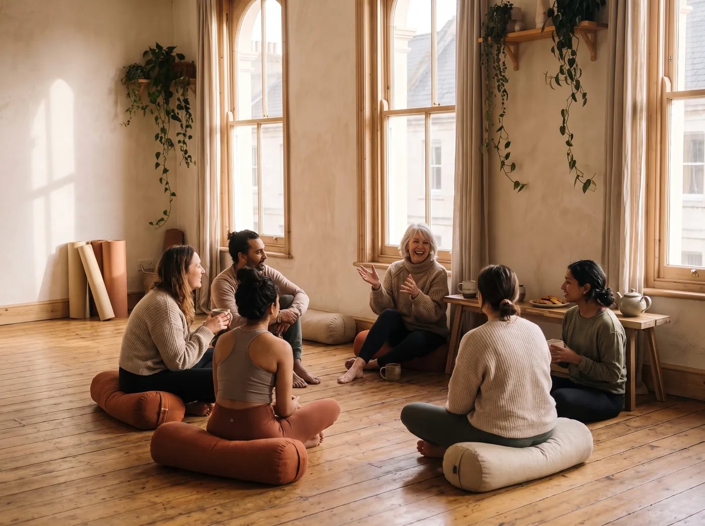 People of different ages sit on bolsters in a loose circle after class, chatting and laughing over mugs of tea.