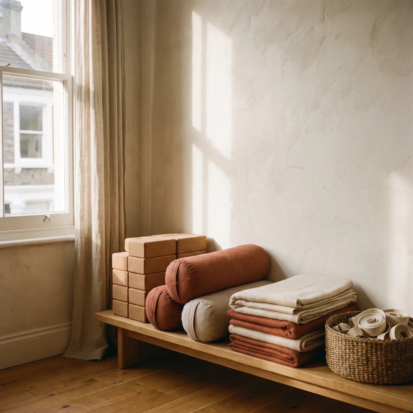 A low wooden shelf by the window stacked with cork blocks, bolsters, folded blankets and a basket of straps.