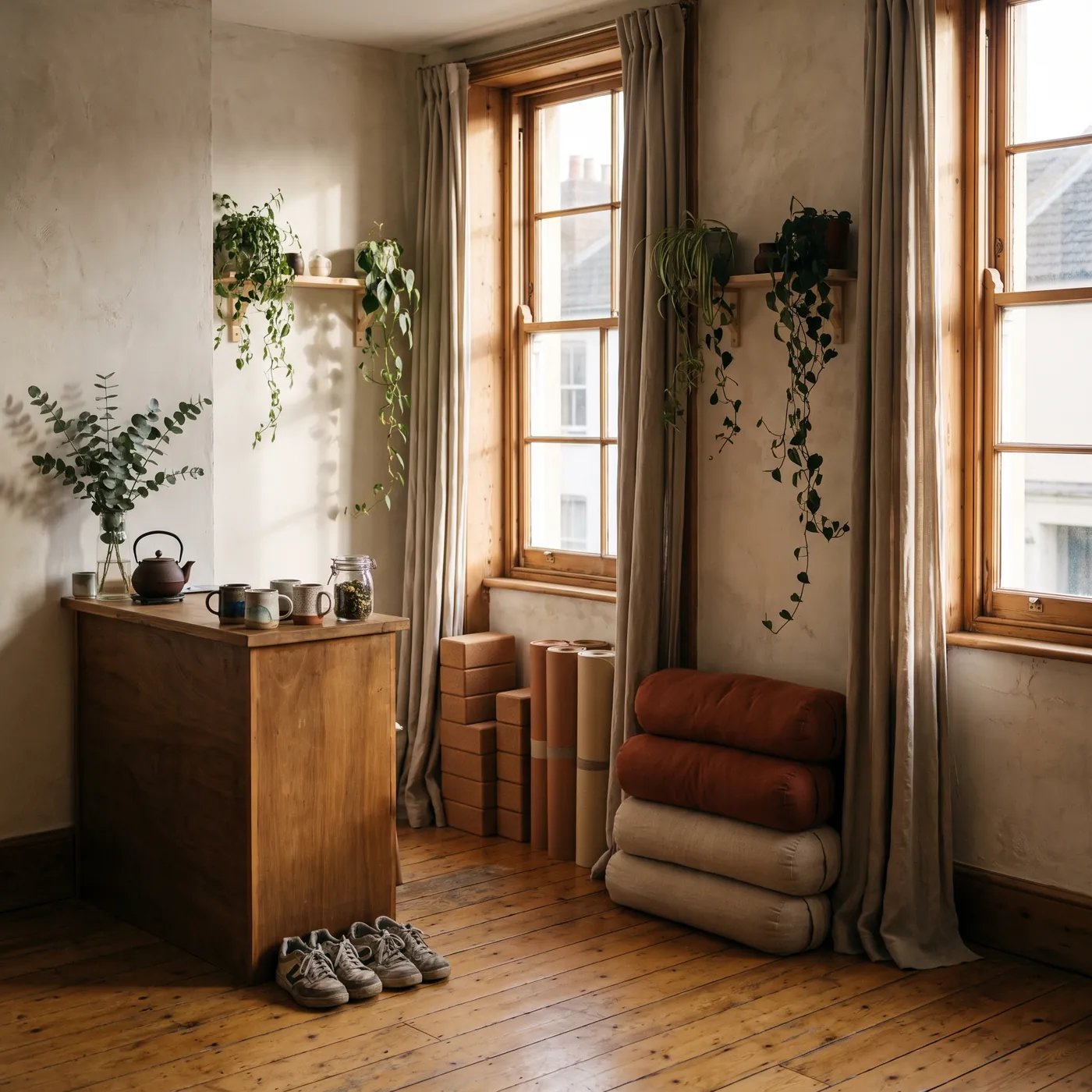 A small wooden counter by the window with a teapot, handmade mugs and a jar of tea, and trainers left on the floor beneath.
