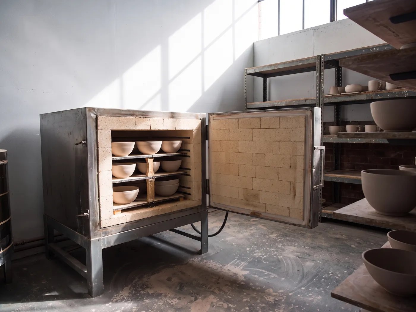 Ceramic bowls on shelves inside an open, cooled pottery kiln.
