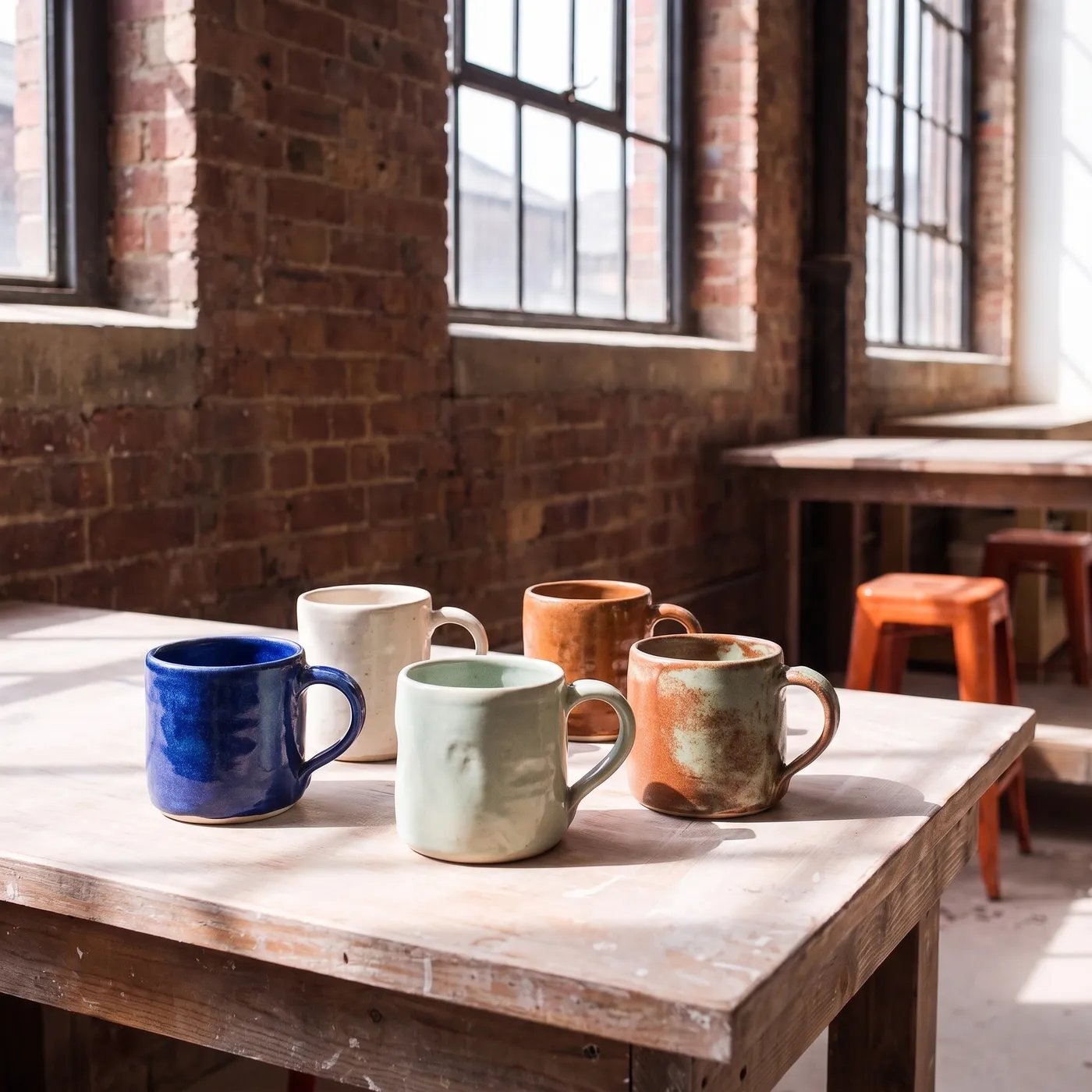 Five handmade mugs with different shapes and coloured glazes.