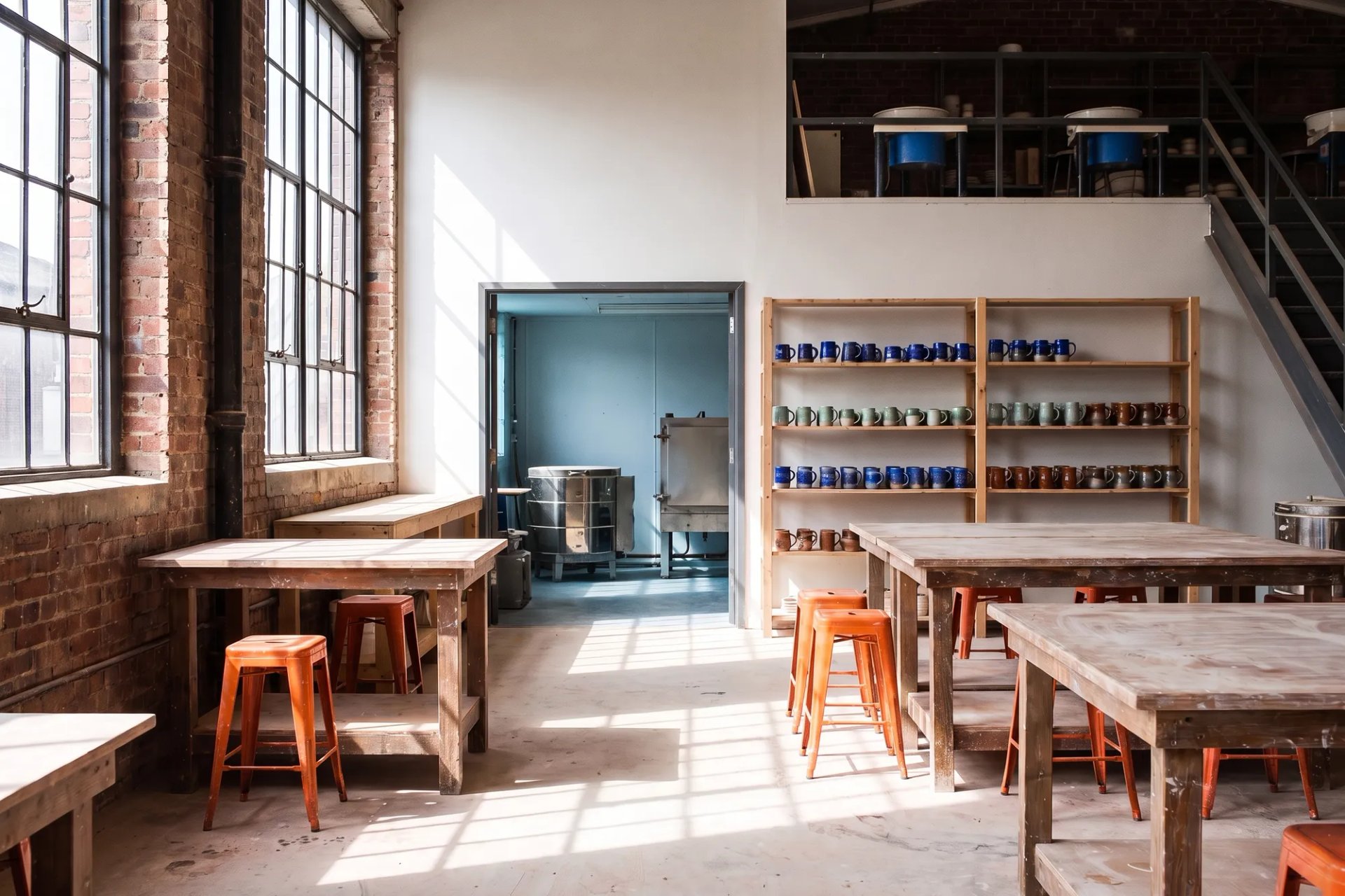 Wooden work tables, orange stools and shelves of glazed mugs in a bright brick ceramics studio.