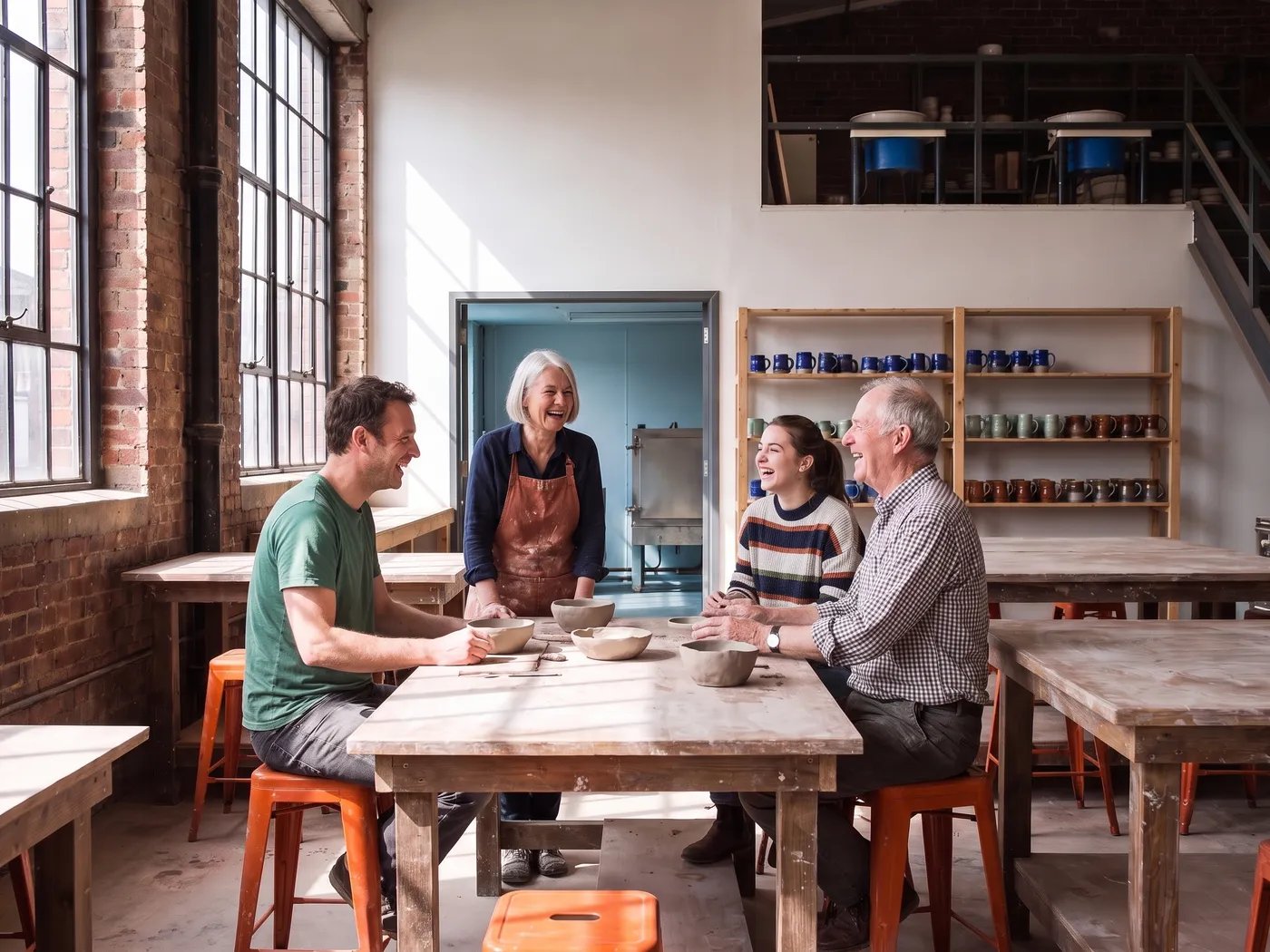 Bea and a small group laugh around a table of unfinished pots.