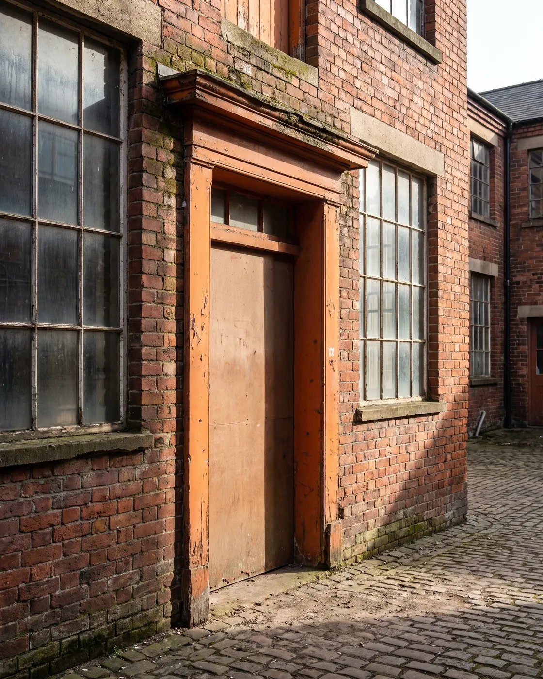 An orange-framed workshop entrance in a brick courtyard.