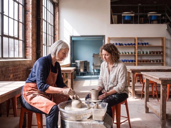 Bea demonstrates how to centre clay on a pottery wheel.