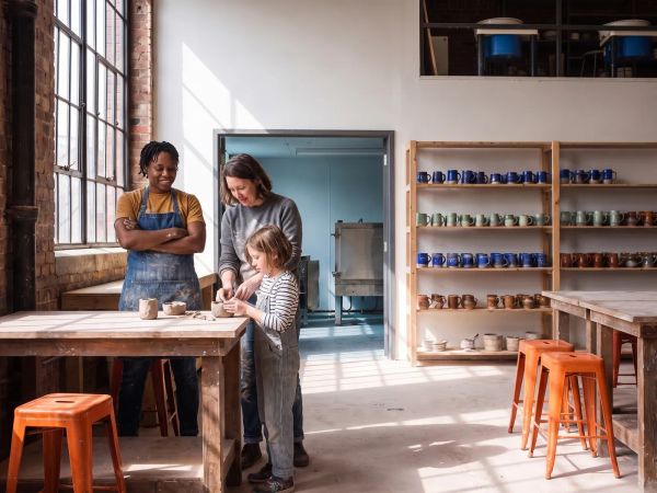 Jules helps a parent and child make pinch pots.
