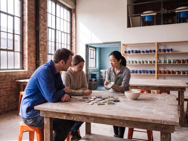 Nia shows two students a celadon glaze sample at a work table.