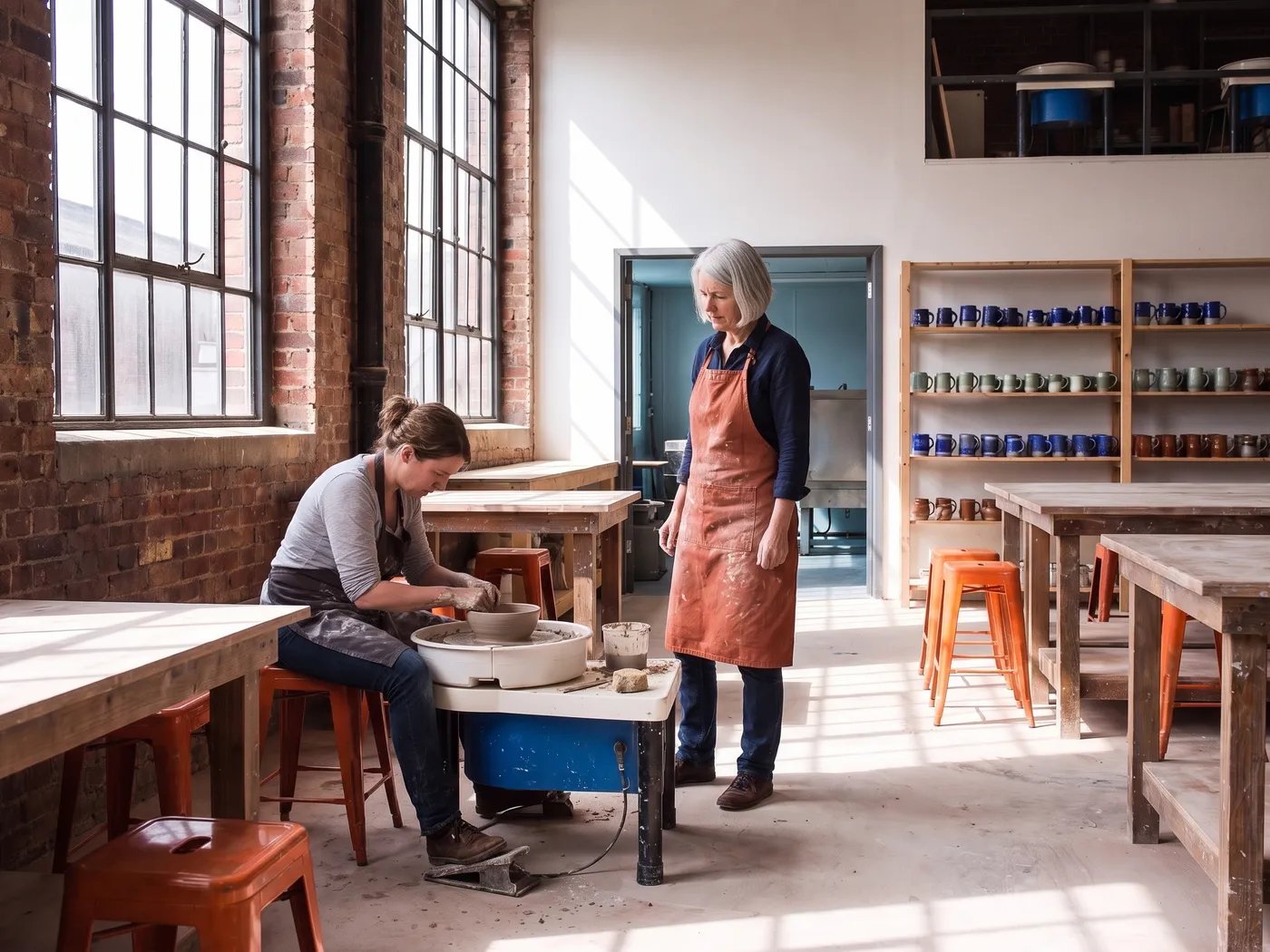 Bea watches a student shape a bowl on a pottery wheel.