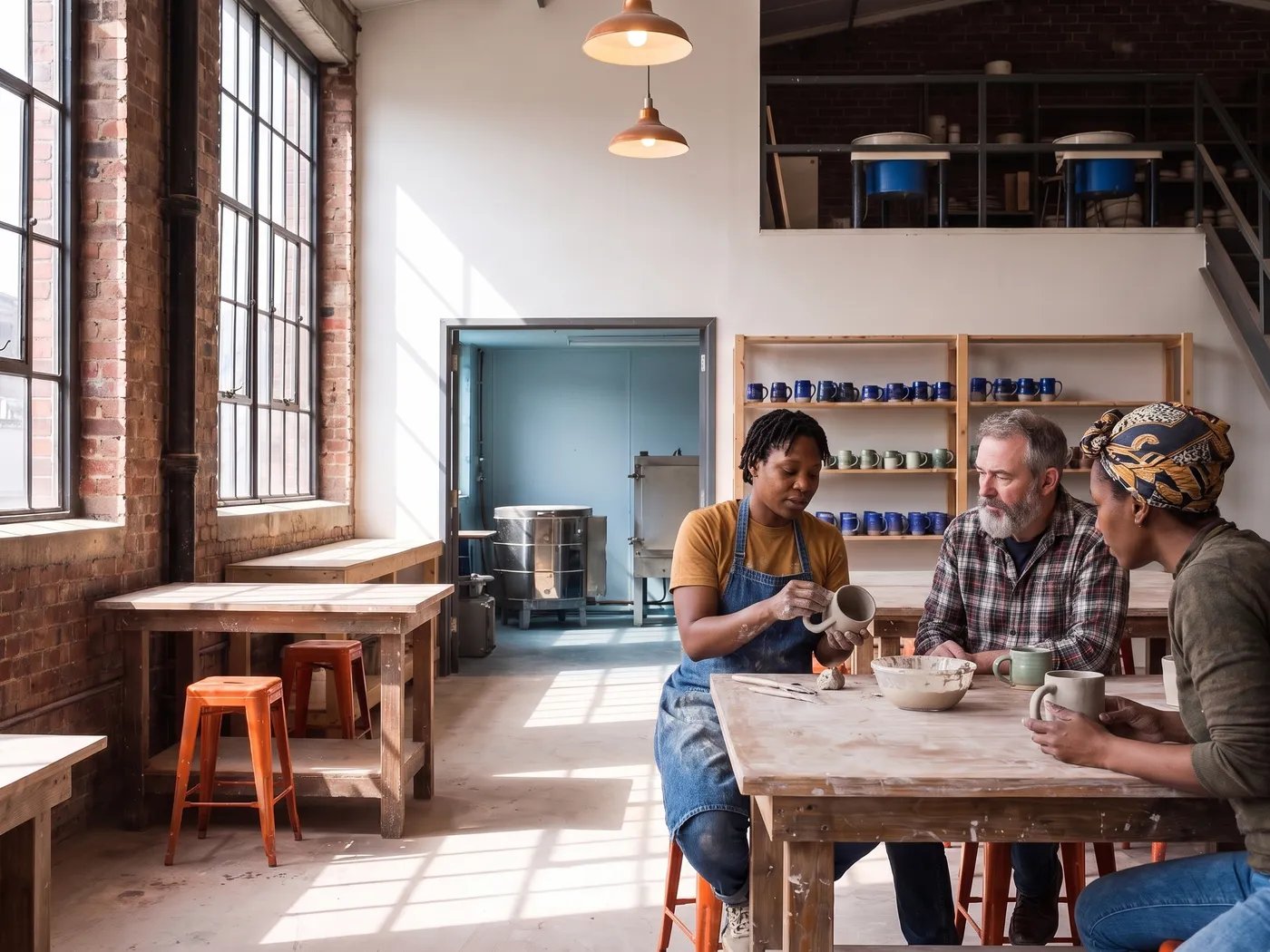 Jules and two students make clay mugs at a table.