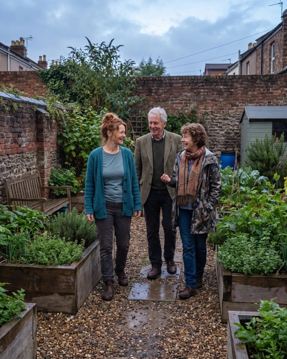 Isobel and two retreat participants walk through a leafy garden.