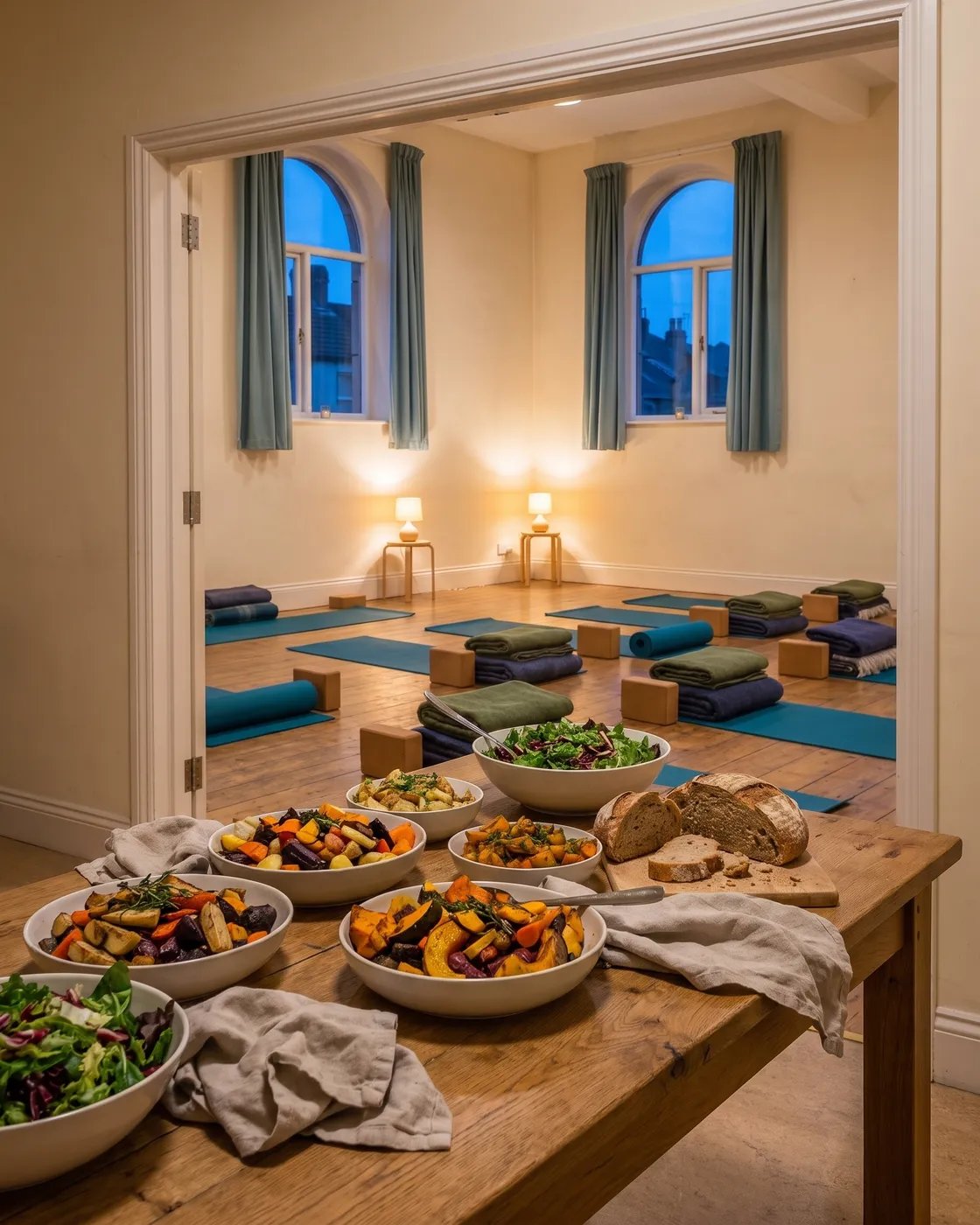 Bowls of vegetables, salad and bread set out for a retreat lunch.