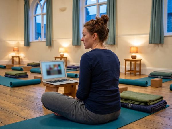 A yoga teacher leads a private online session from her mat beside a laptop.