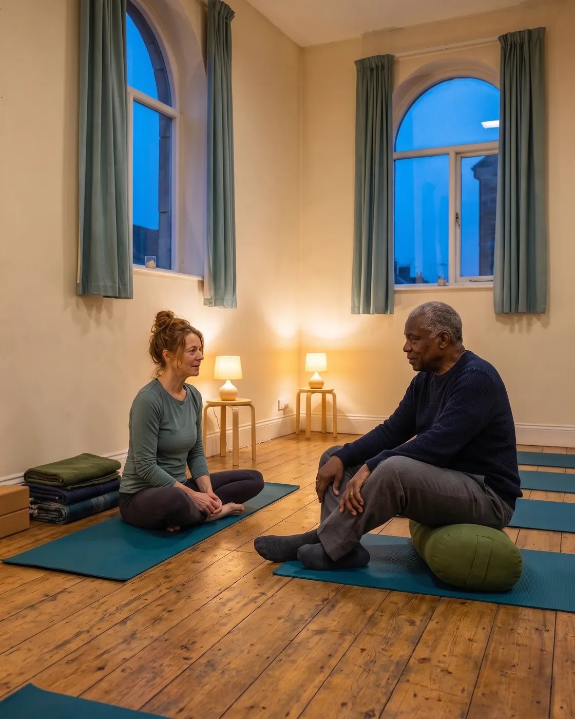 Isobel discusses a seated yoga practice with a private client.
