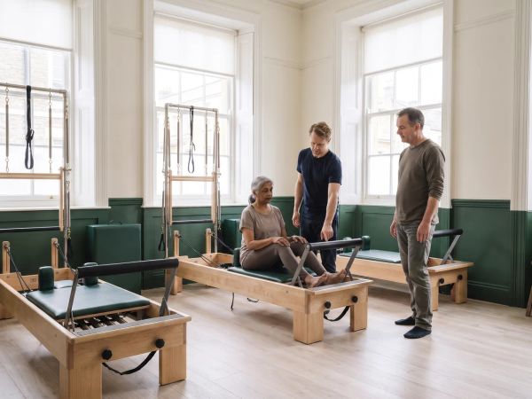 Theo introduces two beginners to the reformer equipment.