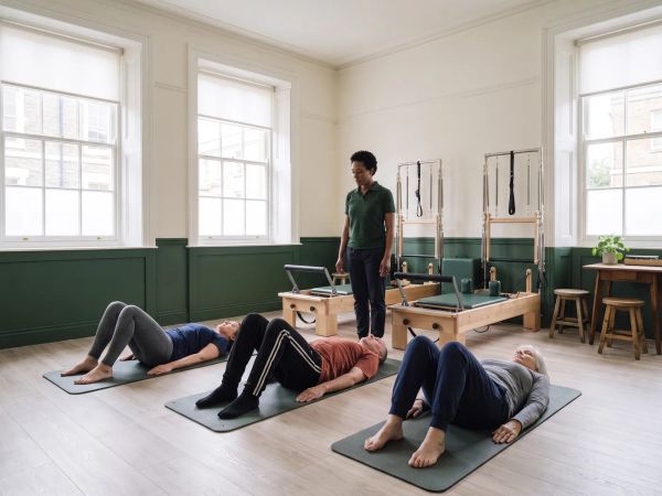 Mara guides three adults through a mat Pilates exercise.