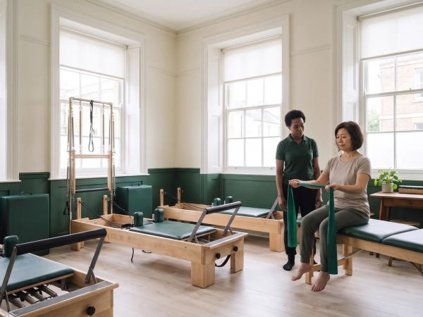 A physiotherapist watches a patient practise a seated resistance-band exercise.