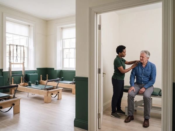 A physiotherapist assesses a seated patient’s shoulder beside a treatment couch.